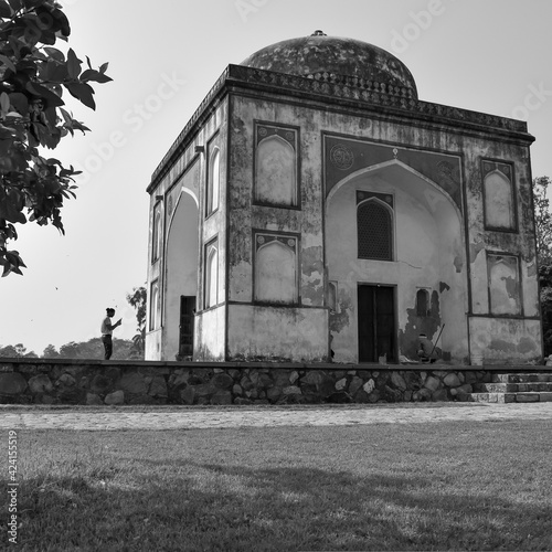 Inside view of architecture tomb inside Sunder Nursery in Delhi India, Sunder Nursery is World Heritage Site located near Humayun's Tomb in Delhi, Sunder Nursery inside view – Black and White photo