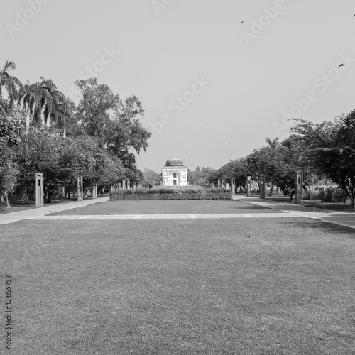 Inside view of architecture tomb inside Sunder Nursery in Delhi India, Sunder Nursery is World Heritage Site located near Humayun's Tomb in Delhi, Sunder Nursery inside view – Black and White photo