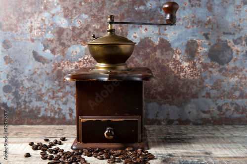 Still Life of a manual, wooden coffee bean grinder