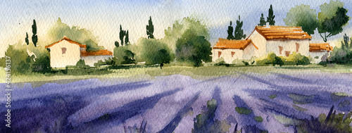 Provence landscape, watercolor illustration. Lavender fields, mountains, rustic houses, trees.