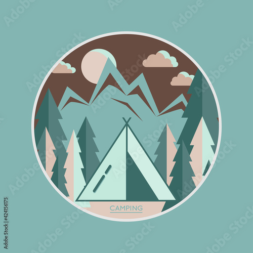 Summer camp badge with tent camping. Graphic scout logo emblem
