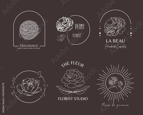Hand-drawn linear peony logo collection