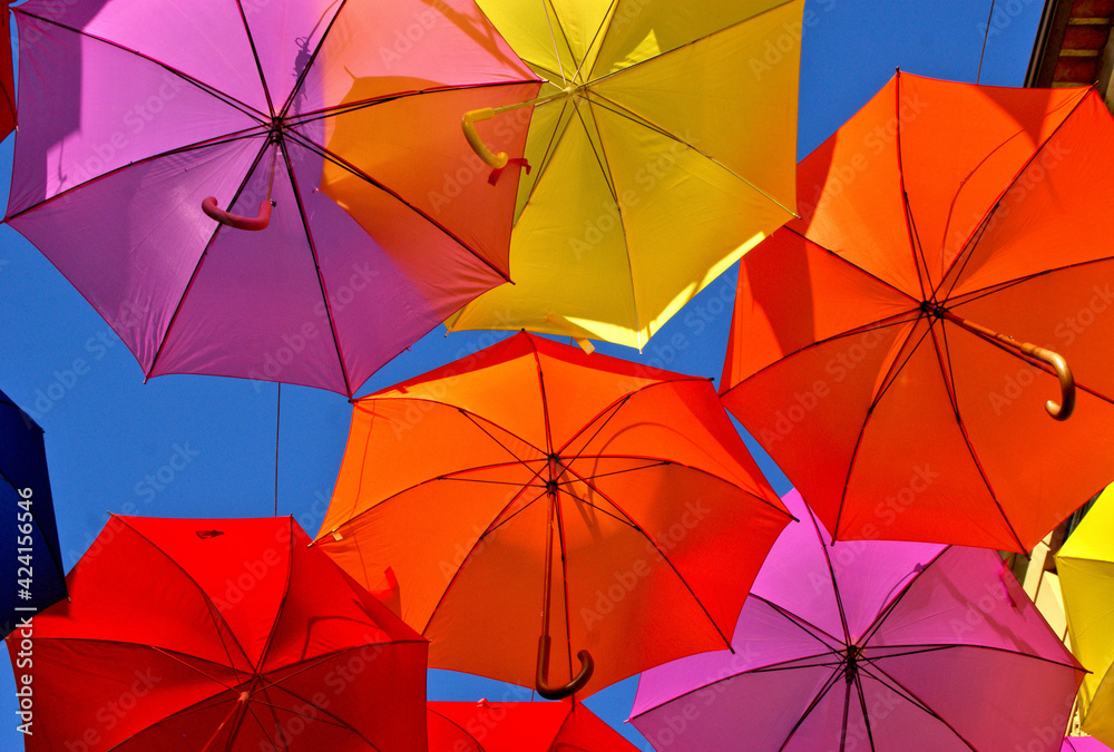Low Angle View Of Colorful Umbrellas in Agueda, Portugal