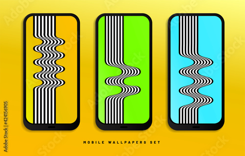Set of different abstract waves. Black-white striped lines. Mobile wallpapers, mobile mockup with shadow. Eps10 vector.