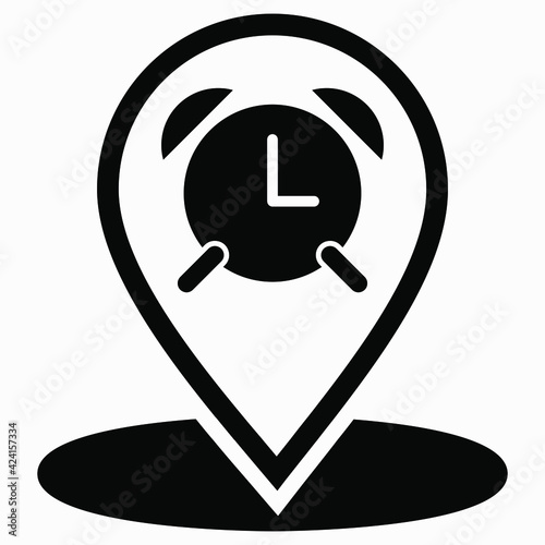 Location alarm clock icon. Travel time. Point of GPS. Location clock icon. Route reminder. Vector icon.