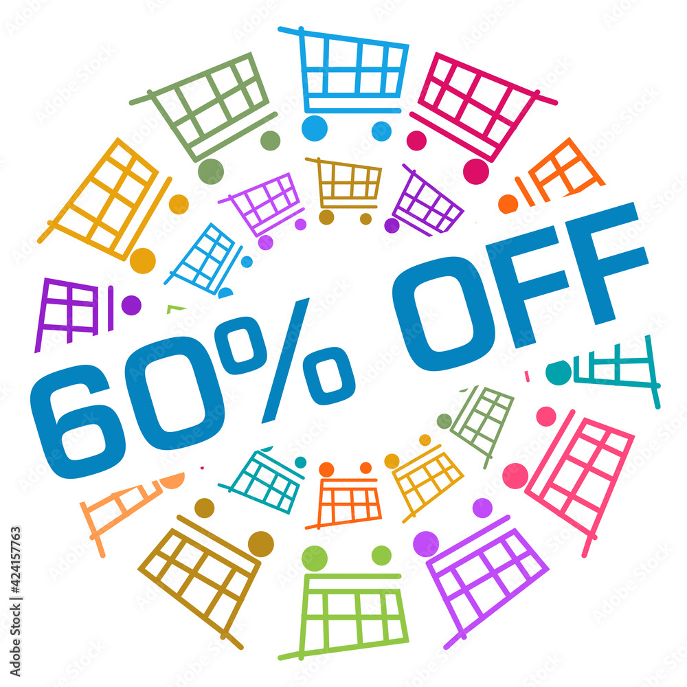 Discount Sixty Percent Off Colorful Shopping Cart Circular Badge Style 