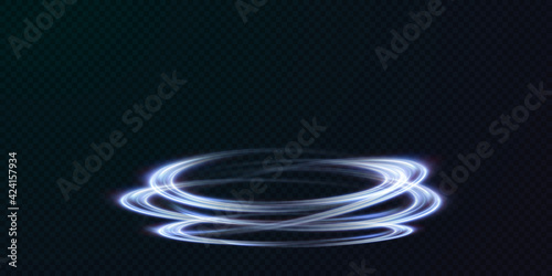 Abstract vector light lines swirling in a spiral. Light simulation of line movement. Light trail from the ring. Illuminated podium for promotional products.