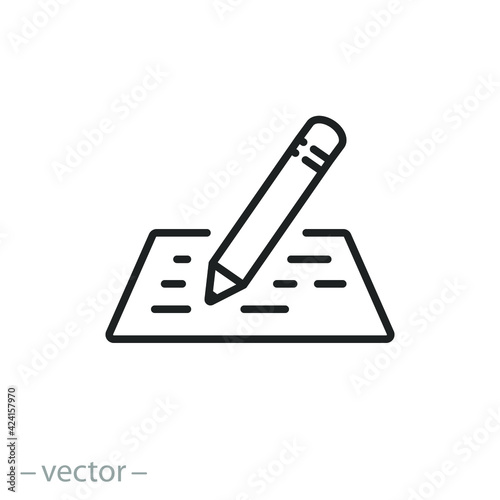 edit text pencil icon, write or correct document, review or proofread grammar, writing essay in notebook, manuscript, thin line symbol on white background - editable stroke vector eps10