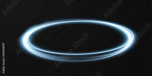 Abstract vector light lines swirling in a spiral. Light simulation of line movement. Light trail from the ring. Illuminated podium for promotional products.