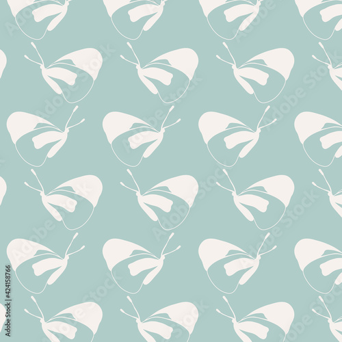 Hand drawn butterflies pattern in creamy white color on jade greenbackground. Can be used for fashion graphics, T-shirt prints, pajamas, fabrics, posters, covers, wrapping, banners, backdrops, flyers.