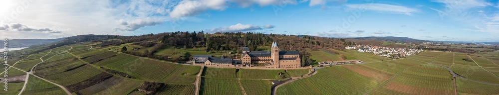 Panoramic aerial view of the St. Hildegard Abbey near Rüdesheim / Germany in the Rheingau in spring Panoramic aerial view of the St. Hildegard Abbey near Rüdesheim / Germany in the Rheingau in spring