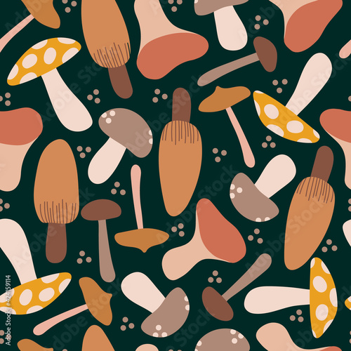 Seamless pattern vector design of wild edible forest mushrooms in brown colors in a childish illustration style with a dark background and light dots