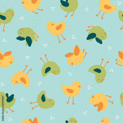 Seamless pattern vector design of some birds flying in varun minimalist, childish and colorful style with green, blue and yellow colors ideal for children's decoration