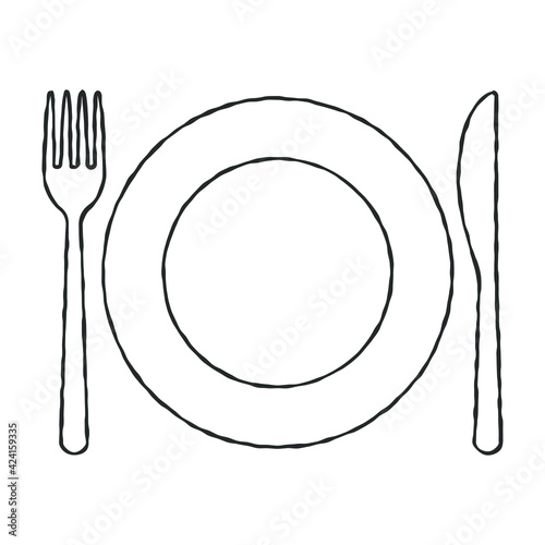Fork knife and plate icon. Simple flat shape restaurant or cafe place logo sign. Cartoon sketch draw style. Kitchen and diner menu symbol. Vector illustration image.