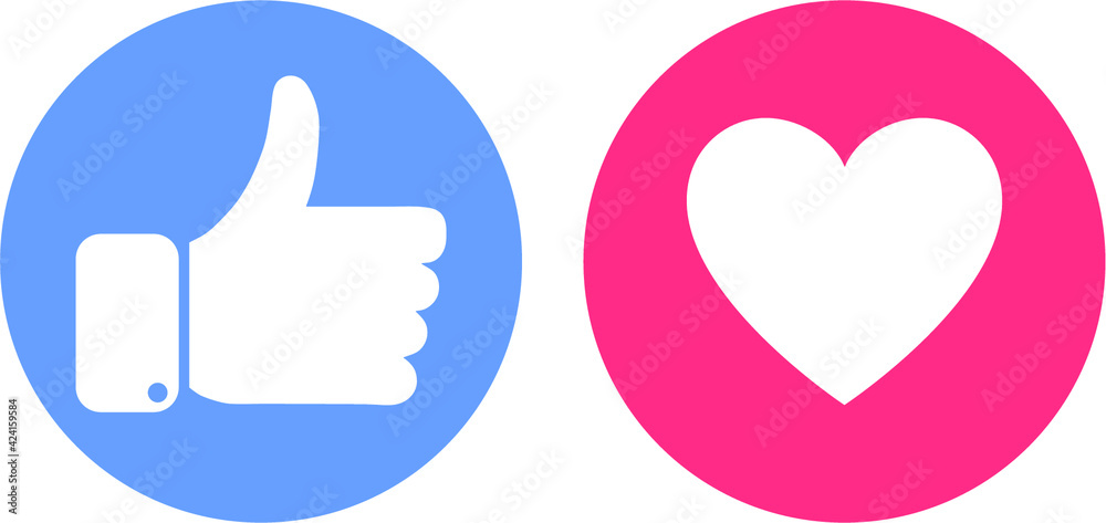 Thumbs up and hearts isolated on a white background. Social media concept. Vector illustration. Thumbs up and hearts isolated on a white background. Social media concept. Vector illustration.