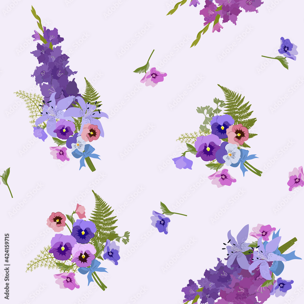 Seamless vector spring illustration with bouquet pansies and gladiolus on purple background.