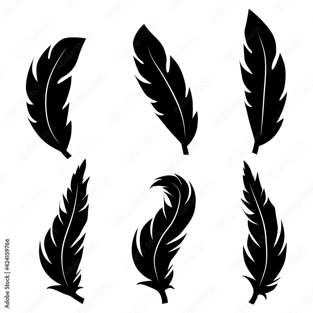 illustration of an old feather. Feather feather silhouette. Retro image of letter with feather icon.
