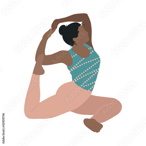 A black woman is doing  mermaid pose from yoga