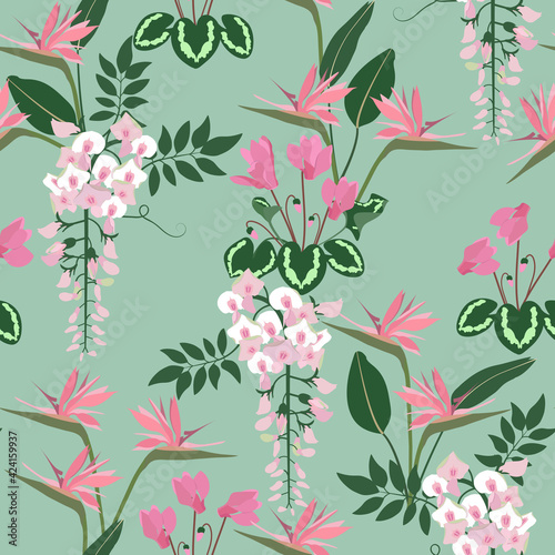 Strelitzia, wisteria and cyclamen on a green seamless background. Vector illustration.