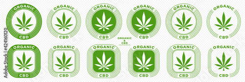 Conceptual stamps for packaging pharmaceutical, medical, cosmetic products. Cannabis extract with plant leaf. Vector elements.