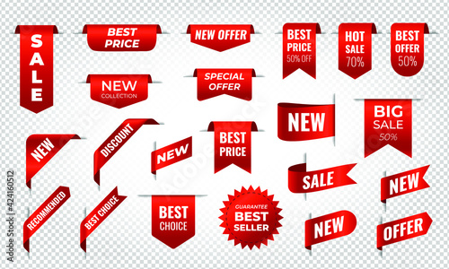 Price tags, red ribbon banners. Sale promotion, website stickers, new offer badge and labels collection isolated on transparent background Vector illustration eps 10