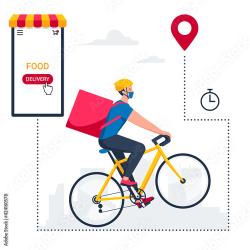 Food online delivery package service. Courier in mask deliver goods and food on a bicycle. Online order tracking, delivery home and office. Vector illustration