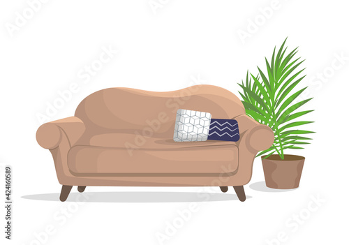 Sofa on legs in the living room with a decorative home flower. An interior item. Design element, layout, illustration, print.