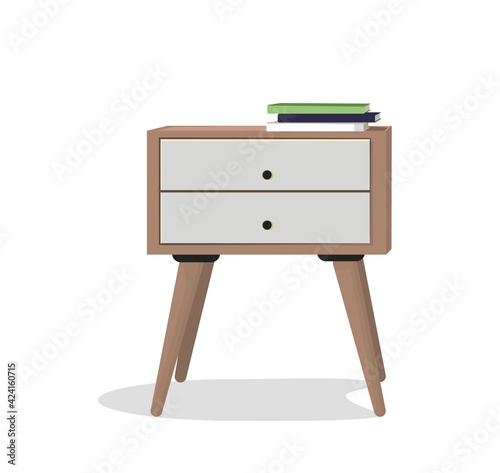 A nightstand with drawers and a stack of books .Wooden objects. An interior item. Design element, layout, illustration, print. Vector illustration.