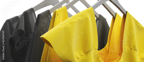 clothes on a hanger. Yellow and gray things