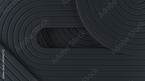 Smooth lines with shadows. Black background. Abstract clear stripes. 3d render