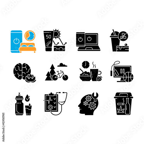 Healthy activity black glyph icons set on white space. Quit bad habit. Learn new skill. Regular health checkup. Drink water. Outdoor activity. Silhouette symbols. Vector isolated illustration