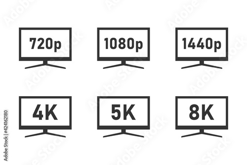 Screen Resolution icon set, 4K UHD, 5K, 8K, Quad HD, Full HD and HD resolution