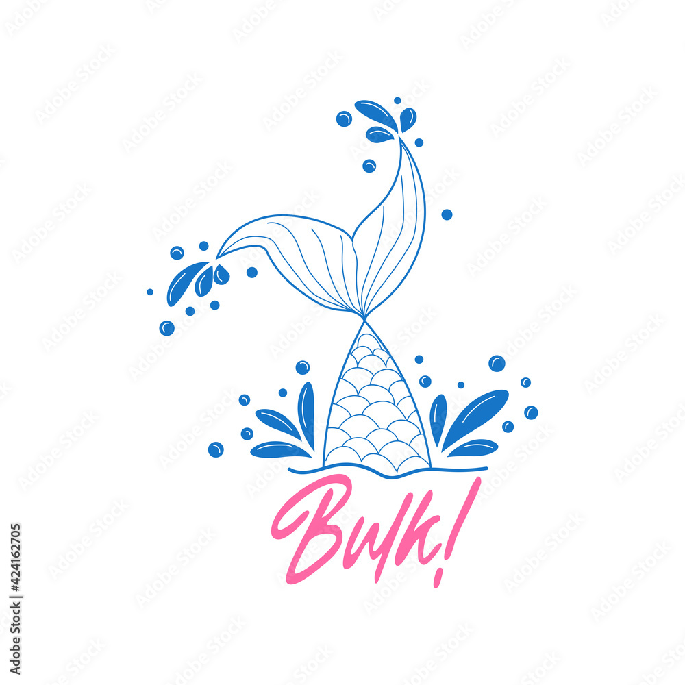 Fototapeta premium Bulk. Mermaid tail card with water splashes, stars. Inspirational quote about summer, love and the sea.