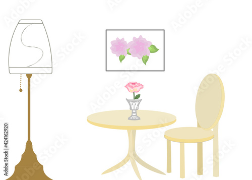 drawing cartoon living room including of lamp rose is decorating on table and chair photo