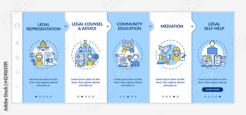 Legal services categories onboarding vector template. Responsive mobile website with icons. Web page walkthrough 5 step screens. Legal representation color concept with linear illustrations