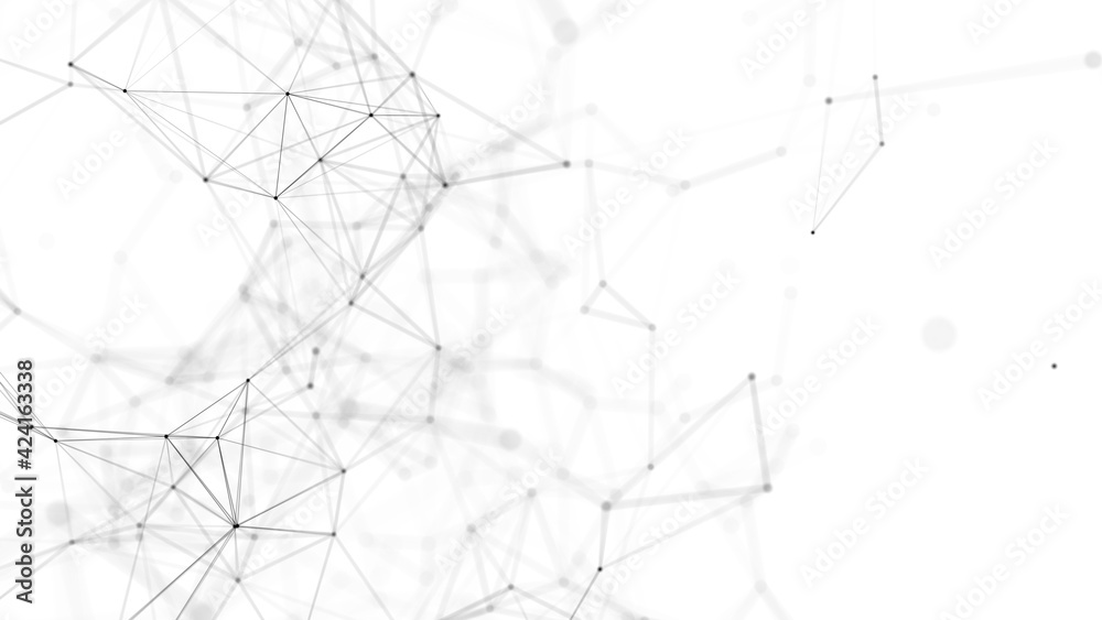 Abstract white background with moving dots and lines. Network connection structure. Futuristic illustration. Digital technology design. 3d rendering.