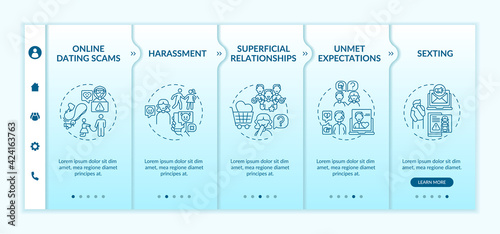 Online dating cons website onboarding vector template. Responsive mobile website with icons. Web page walkthrough 5 step screens. Unmet expectation in relations color concept with linear illustrations