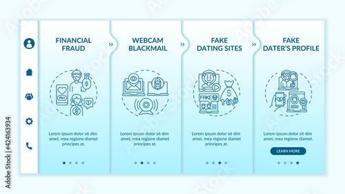 Online dating risks onboarding vector template. Responsive mobile website with icons. Web page walkthrough 4 step screens. Fake websites and profilescolor concept with linear illustrations
