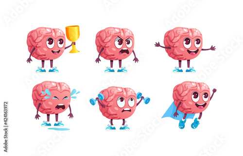 Brain emotion character cartoon set. Сute cartoon mascot suffers from headache, cries, is sad, angry, goes in for sports, wins and receives cup, in superhero costume trying to take off cartoon
