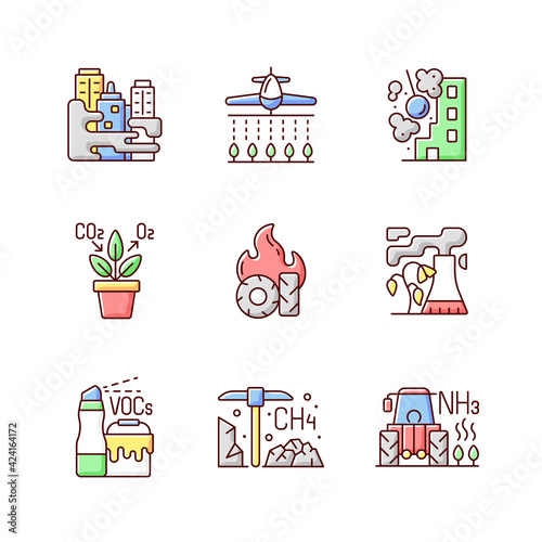 Air pollution RGB color icons set. People damaging planet environment and atmosphere. Rubish after people increasing process in nature. Isolated vector illustrations