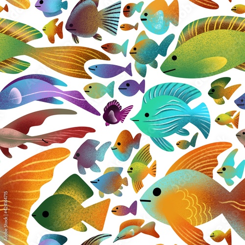 Colorful seamless pattern of marine life  abstract tropical fishes. Modern textured illustration isolated on white background. Can be use for poster  icons  banner  print  textile  card