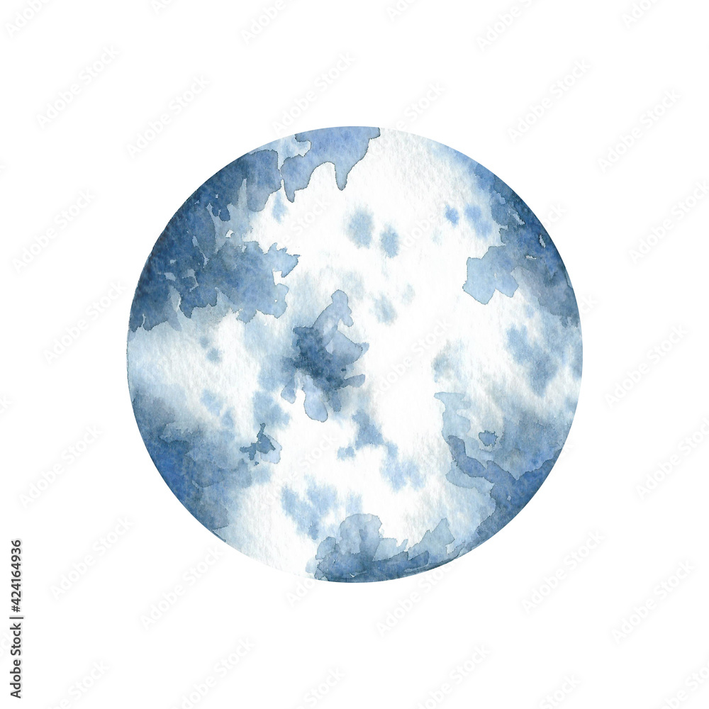 Watercolor silver blue moon clip art isolated on white background. Hand drawn round planet illustration. Cosmic design element for card, poster, sticker, decoration. Watercolor silver blue moon clip art isolated on white background. Hand drawn round planet illustration. Cosmic design element for card, poster, sticker, decoration.