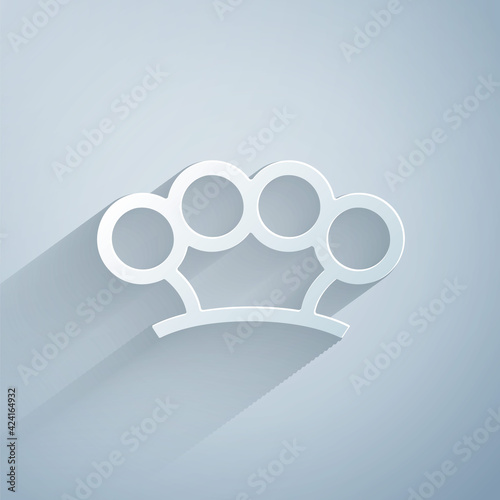 Paper cut Brass knuckles icon isolated on grey background. Paper art style. Vector