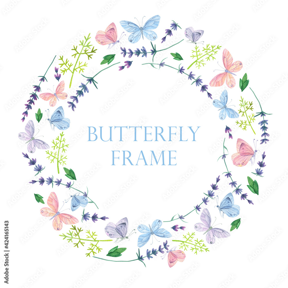 Watercolor blue pink butterfly frame. Lavender wreath. Summer floral background