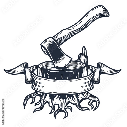 Lumberjack wood stump with axe for logo and emblem of carpenter. Ax and roots for t-shirts print design for axeman, woodsman