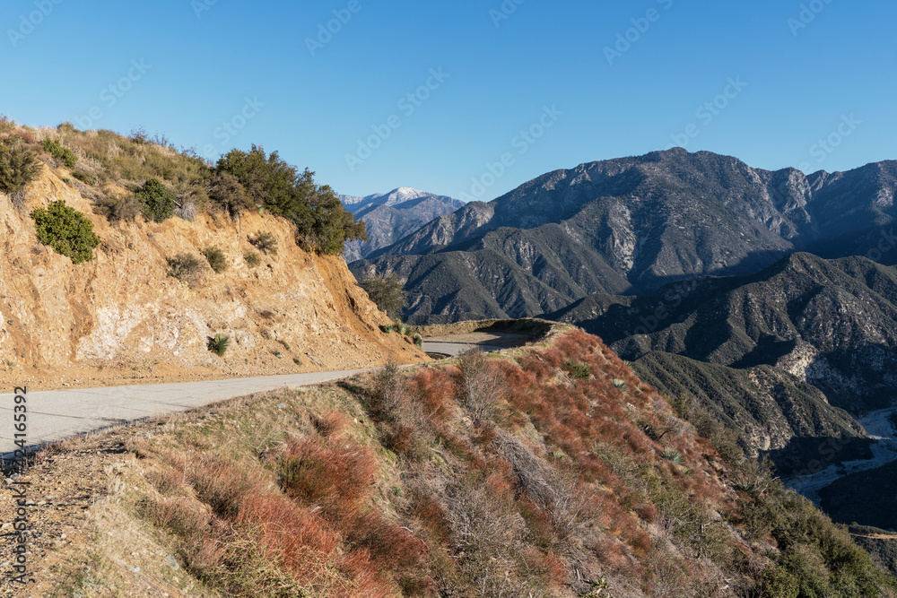 Obraz premium View of curve on Glendora Ridge Road in the San Gabriel Mountains of Los Angeles County California. 
