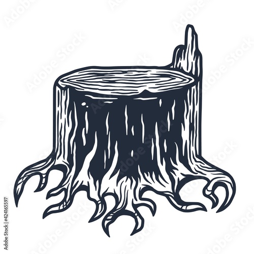Lumberjack wood stump or timber with roots for logo and emblem of carpenter. T-shirt woodcraft design for axeman, woodcutter