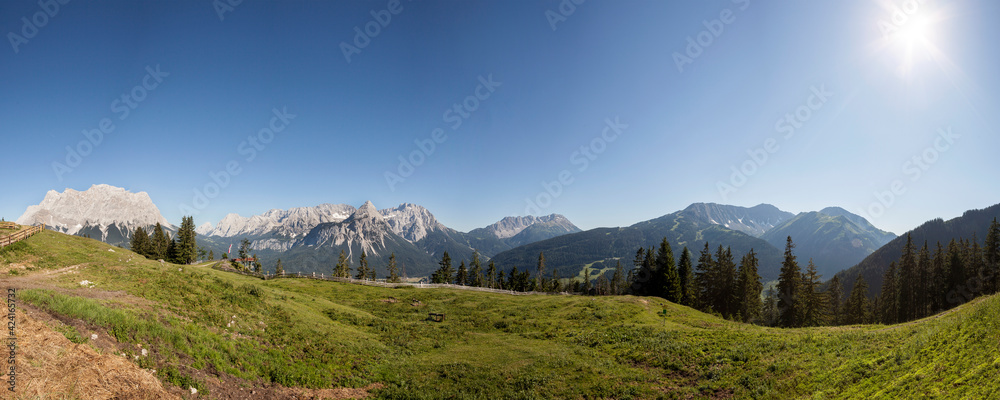Panorama view Zugspitze mountain and Ehrwalder Sonnenspitze mountain in Tyrol, Austria