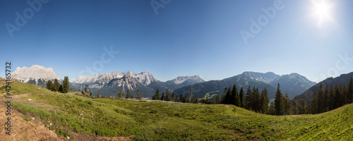 Panorama view Zugspitze mountain and Ehrwalder Sonnenspitze mountain in Tyrol  Austria