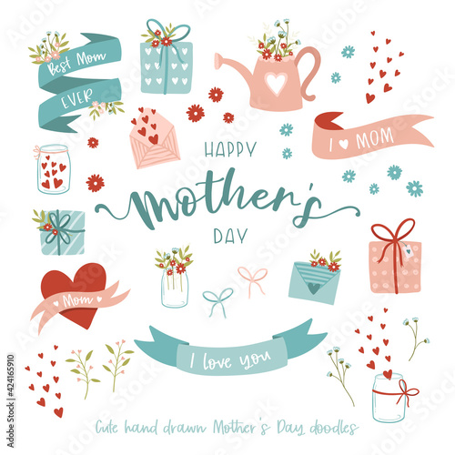 Lovely hand drawn Mother's Day doodle elements, flowers, banderole, lettering and decoration, great for print products, cards, invitations, banners - vector design
